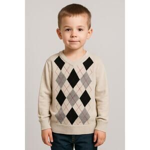 PLACE Boys Pullover Argyle V-Neck Sweater - Size 5/6 - Cream Gray Black
